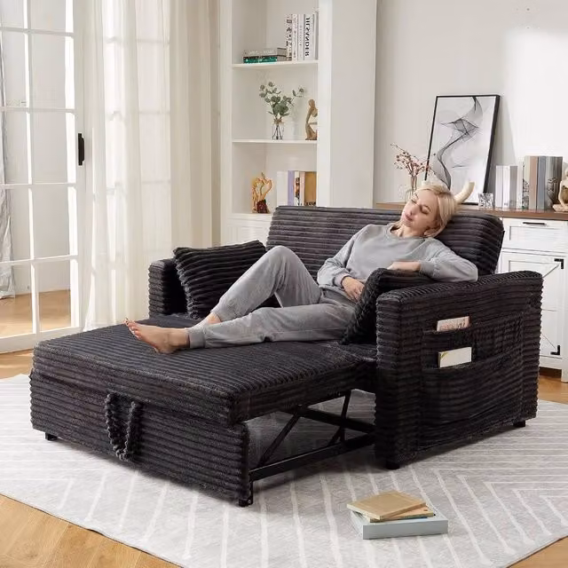 London Boutique 2-Seater Corduroy Pull-Out Sofa Bed with USB Ports and Scatter Cushions, Grey, W/D/H: 140 x 190 x 90 cm – 1