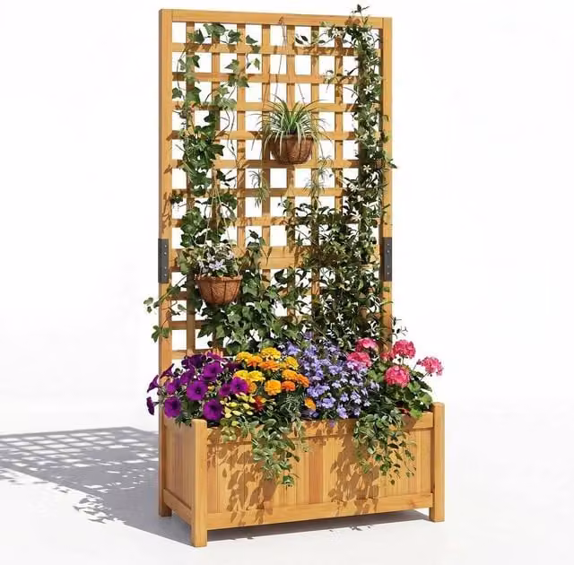 Kelvenix Brown Wooden Elevated Planter Box and Vertical Privacy Stand – 1