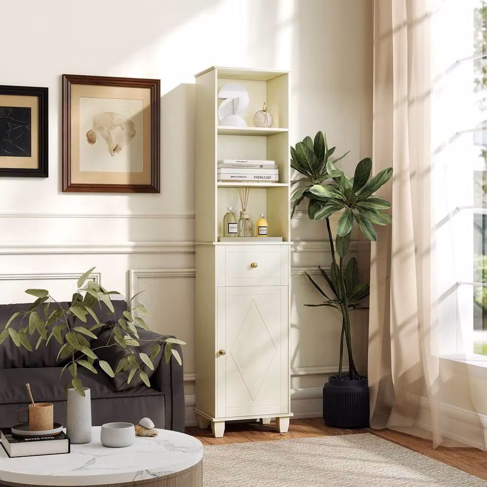 Costway Narrow Beige Floor Bathroom Cabinet with Shelves and Drawer, Height: 172 cm – 3