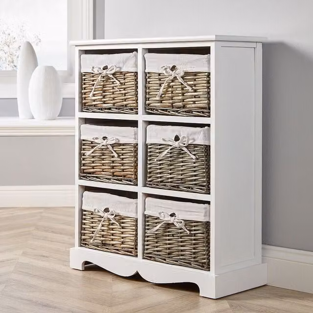 Home Source Lichfield 6 Willow Basket Drawer Chest Storage Unit in White
