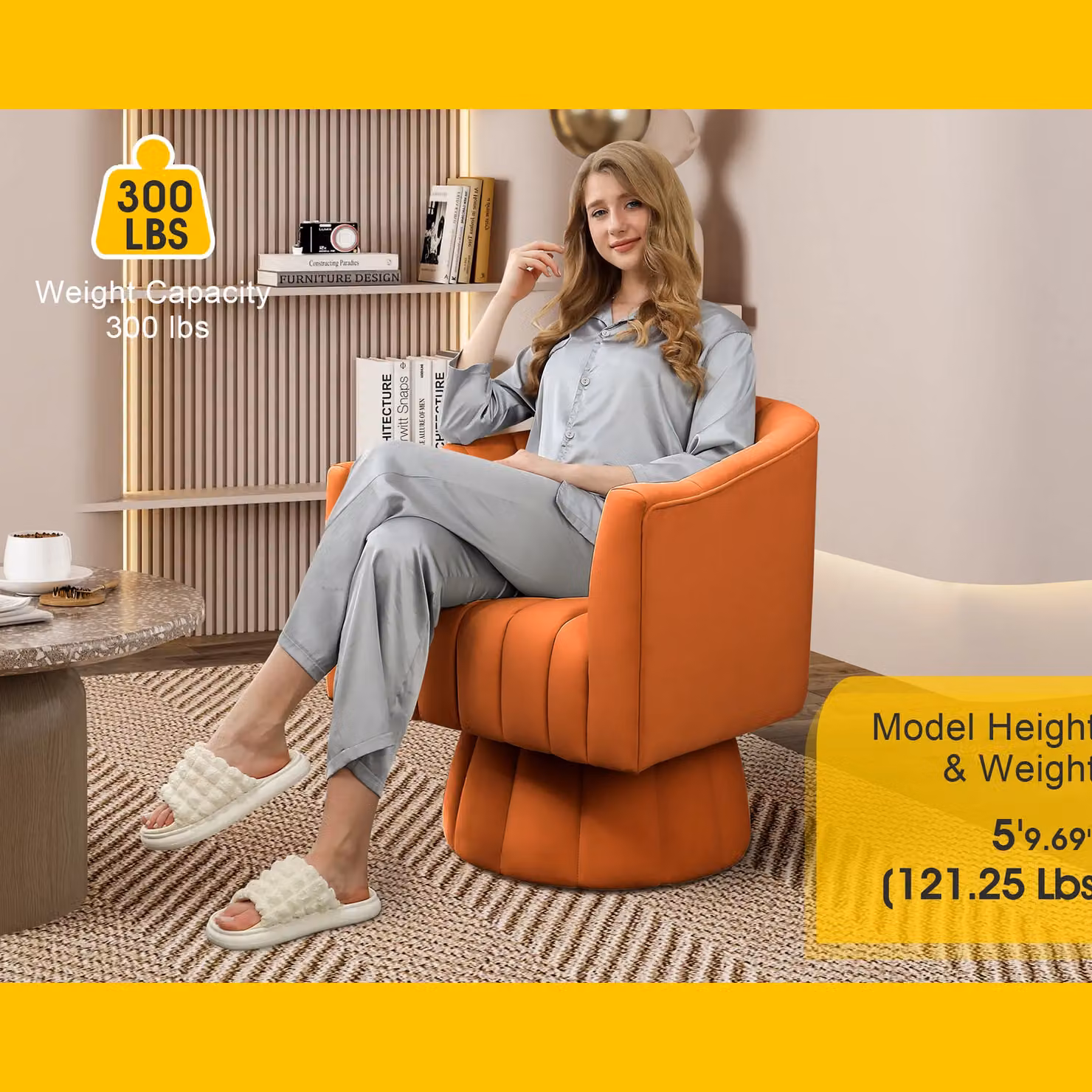 SEYNAR Orange Velvet Swivel Barrel Chair with Round Arms and Upholstered Seat – 2