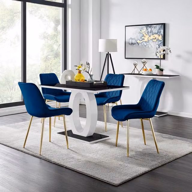 FurnitureboxUK Giovani Black Glass Dining Table and Four Blue Velvet Pesaro Gold Leg Chairs Set