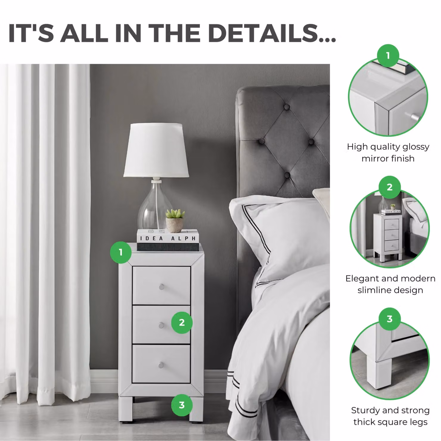 FurnitureboxUK Lexi Small Slimline 3 Drawer Wooden Bedside Table with Modern Mirrored Finish in White – 3