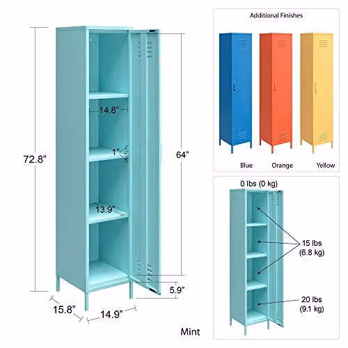 Dorel Home Furnishings Blue Metal Freestanding Storage Locker with Internal Shelves, W: 40 cm, D: 38 cm, H: 184 cm – 3