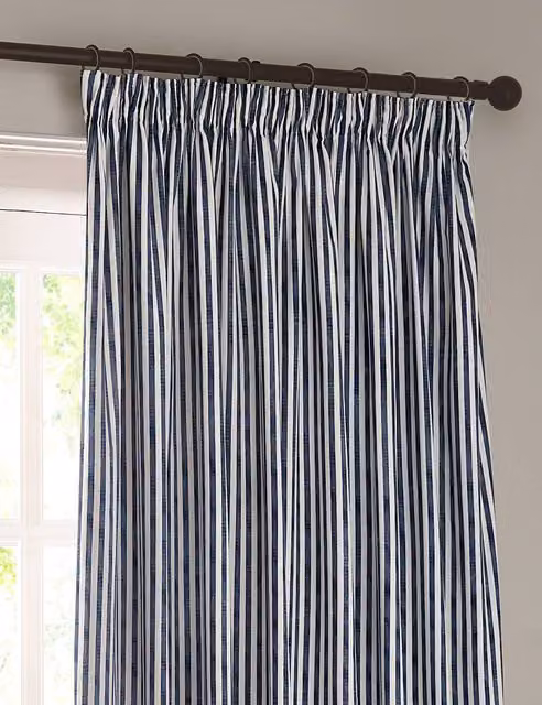 YARD Hebden Navy Blue Striped Semi-Transparent Cotton Pencil Pleat Curtains, H: 168 cm, W: 137 cm
