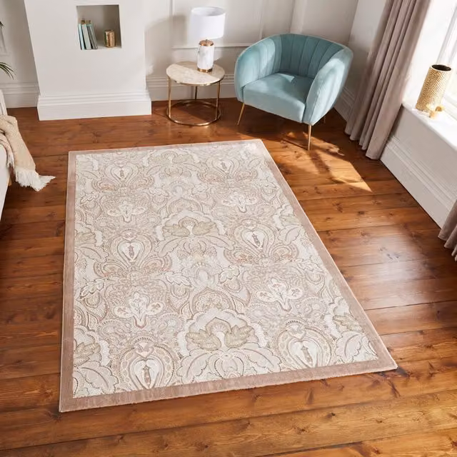 Laurence Llewelyn-Bowen Damask Rectangular Polyester Rug in Brown, Beige and Multicolour