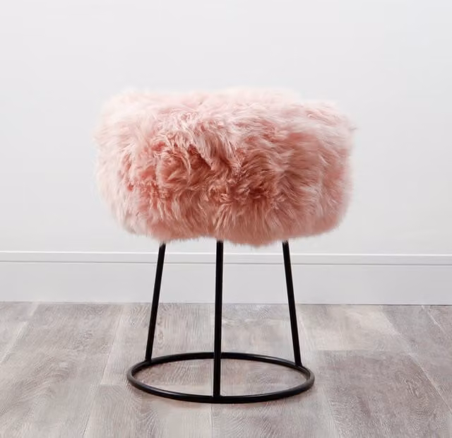 Native Natural Pink Sheepskin Stool with Metal Frame