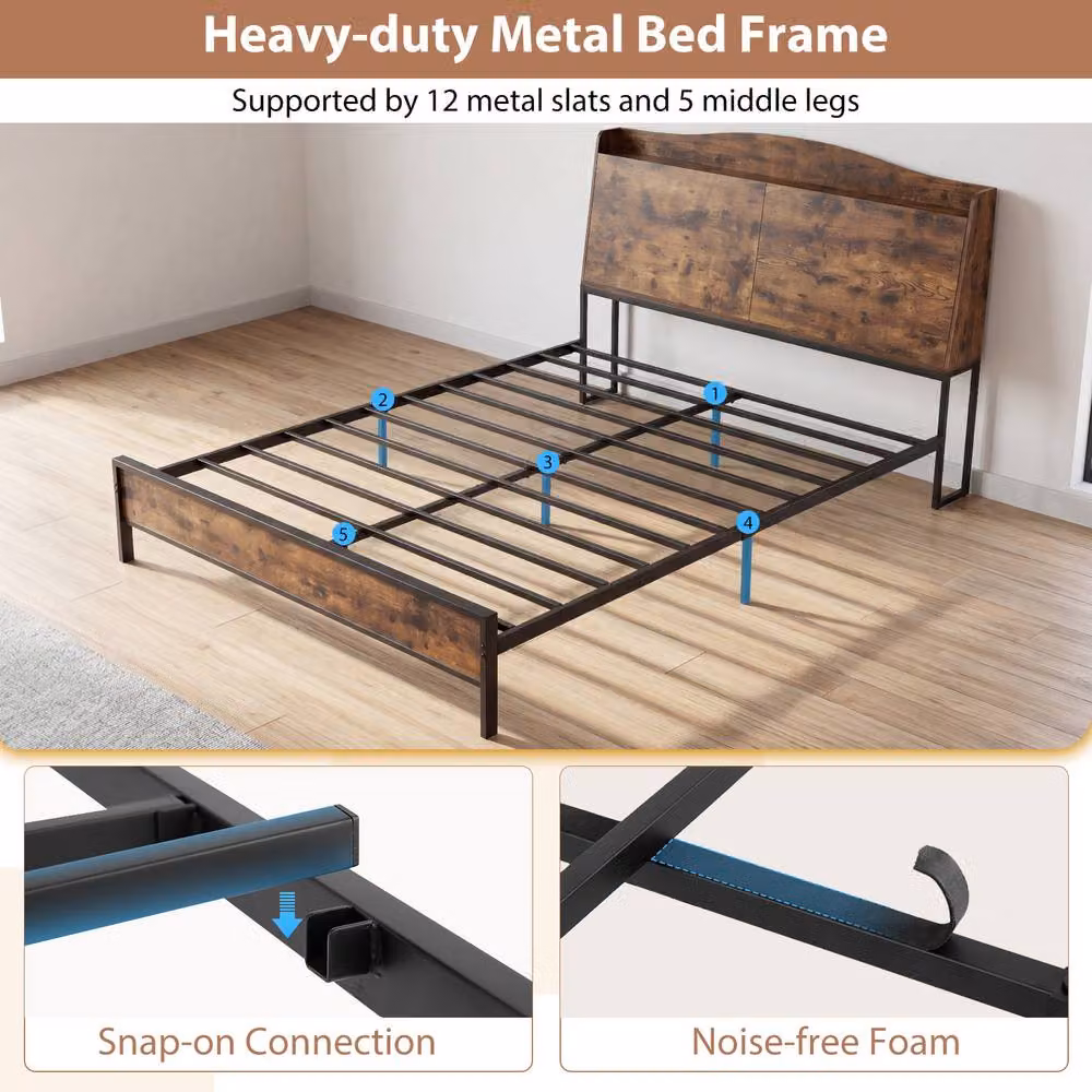 Costway King Size Industrial Metal Platform Bed Frame with USB Charging Station and Side Compartments, Brown, W/D/H: 180 x 200 cm – 7