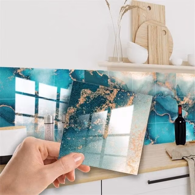 PAWNORA Ocean Blue Marble Tile Stickers, 24 Pack