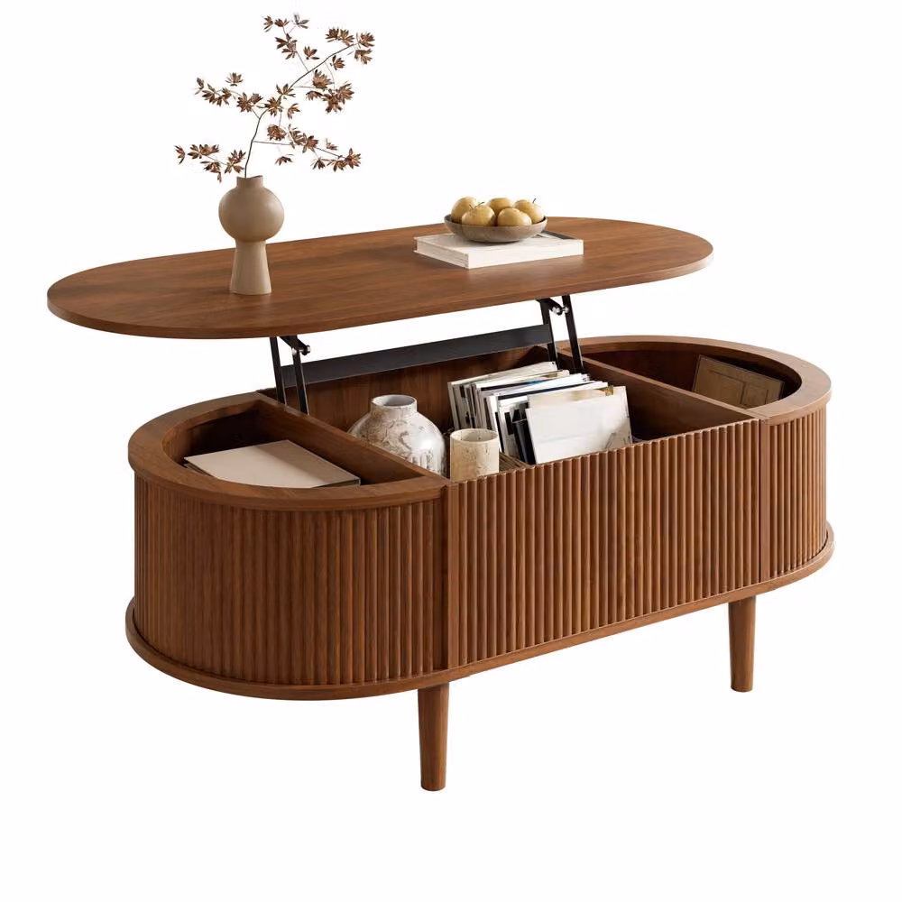 Merax Walnut Oval Lift Up Coffee Table with Fluted Storage Base in Brown – 2