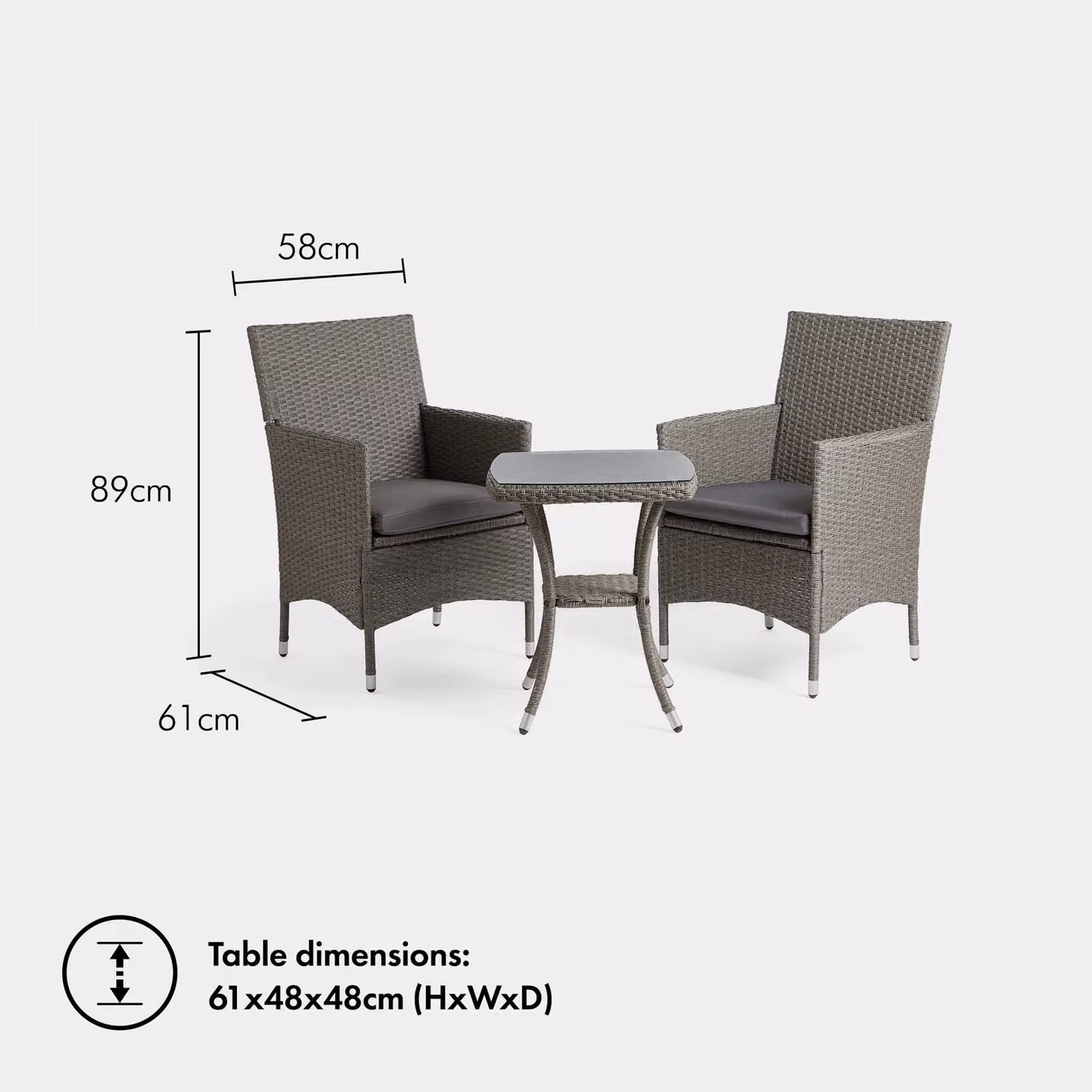 VonHaus 3 Piece Rattan Effect Garden Bistro Set with Glass Top and Polyester Cushions in Grey – 5