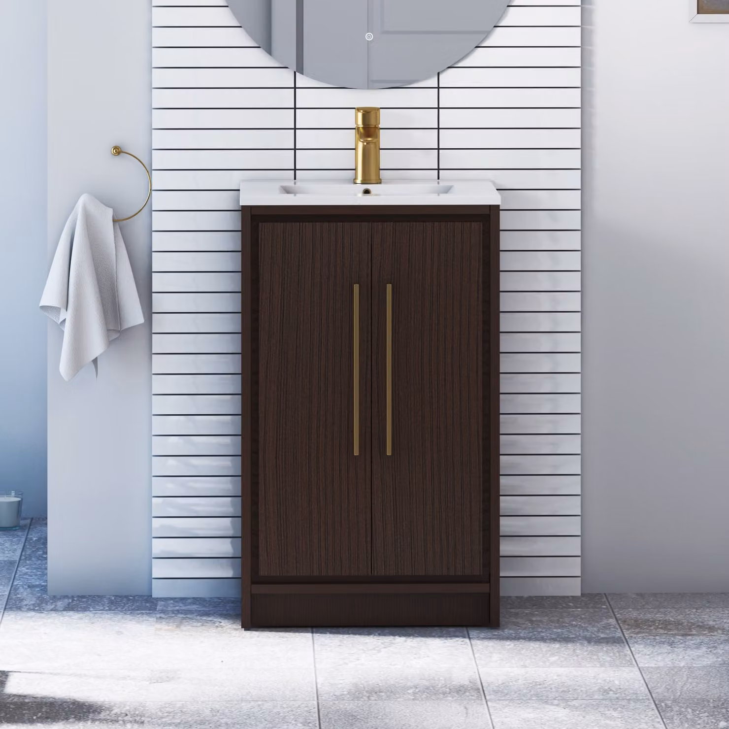 Livora 2 Door Floor Standing Bathroom Vanity Unit in Walnut Woodgrain with Minimalist Basin and Brushed Brass Handles