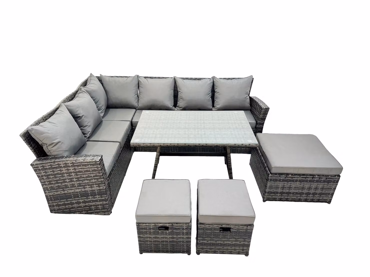 Fimous Rattan Garden Dining Set with Rectangular Table and 3 Footstools in Dark Grey – 2