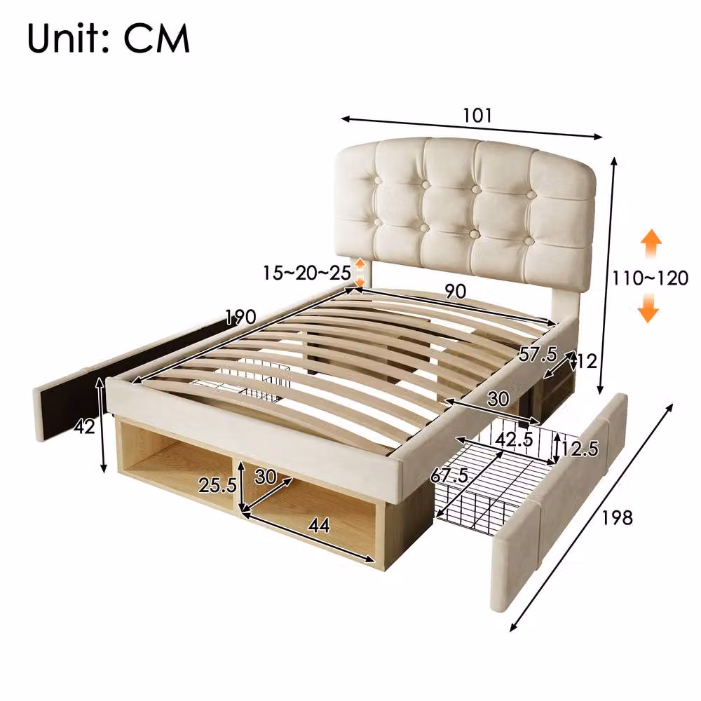 Matteo Upholstered Velvet Single Bed with Storage Drawers in Beige, W/D/H: 90 x 190 cm – 2