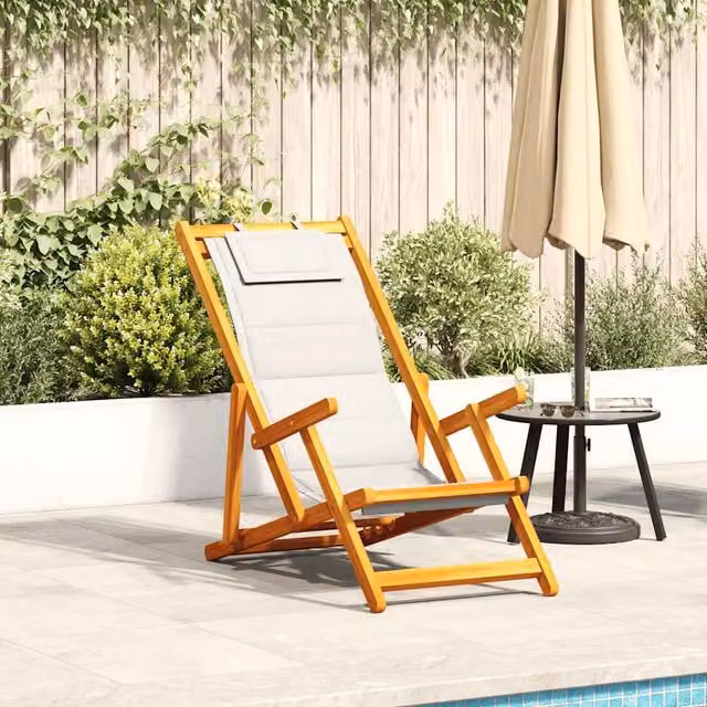 Berkfield Home Folding Beach Chair with Armrests and Adjustable Headrest in Light Grey Acacia Wood and Textilene