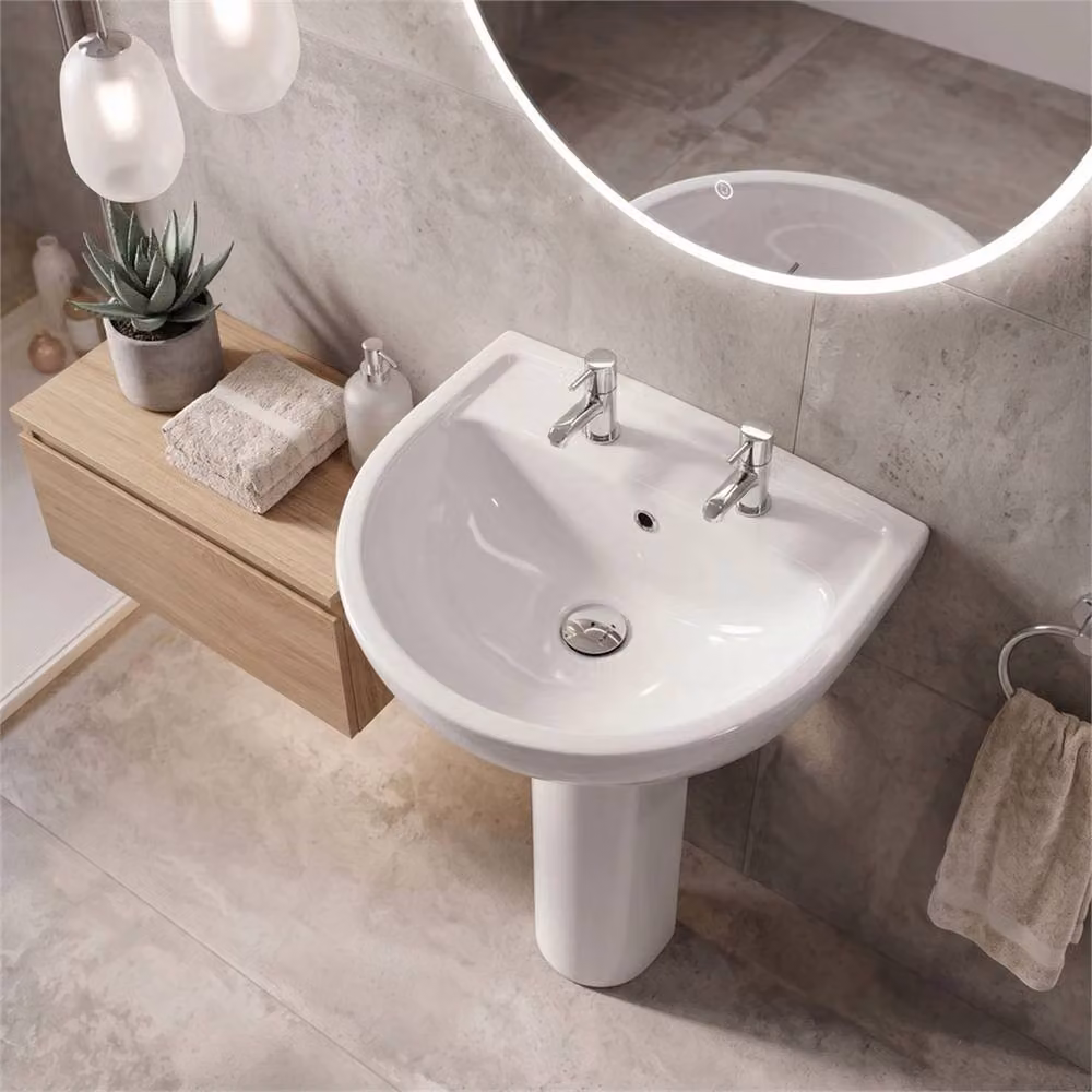 PAWNORA White Ceramic Round Basin and Full Pedestal with 2 Tap Holes, W: 55 cm – 2