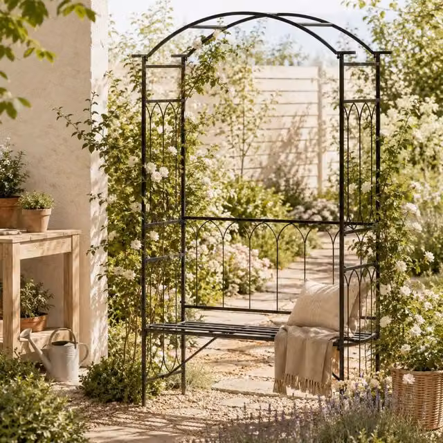 Wyld Haus Moretta Black Metal Garden Bench with Arched Trellis Frame, W/D/H: 115 x 50 x 203 cm