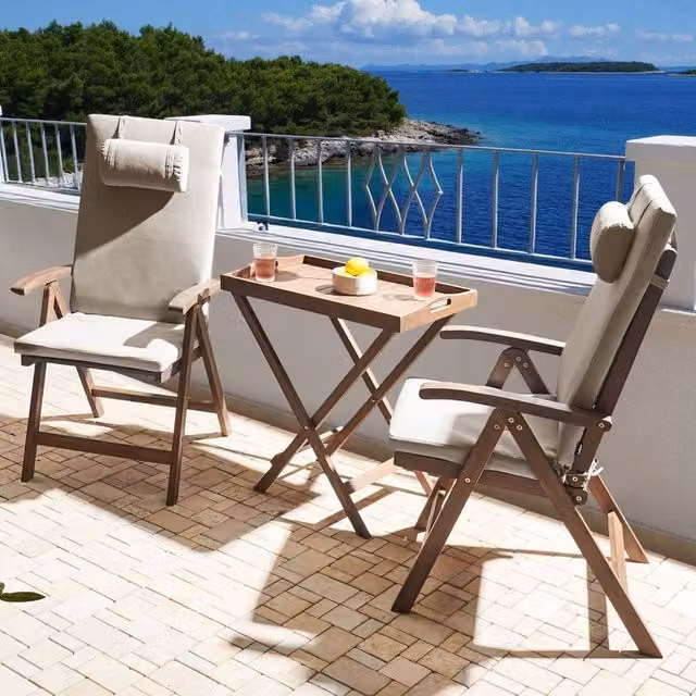 Wyld and Coco Acacia Wood 2-Seat Folding Bistro Set with Taupe Cushions in Brown