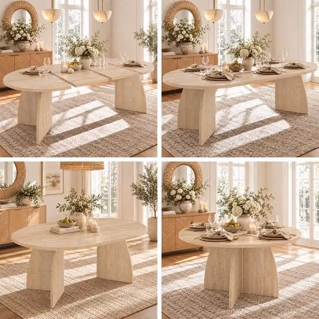BTM Extendable Oval Dining Table with Central Column in Beige Matt MDF and Stone Finish – 1