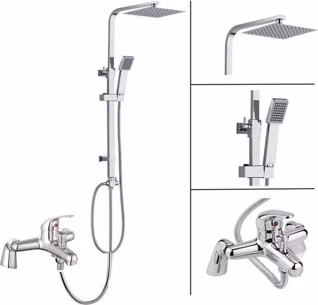 SPETLEK Twin Head Chrome Square Shower Kit with Riser Rail and Bath Mixer Tap in Metallic Silver