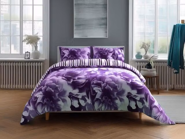 Home Sweet Home UK Reversible Polycotton Duvet Cover and Pillowcase Set with Striped Design in Purple, W/H: 135 x 200 cm – 1