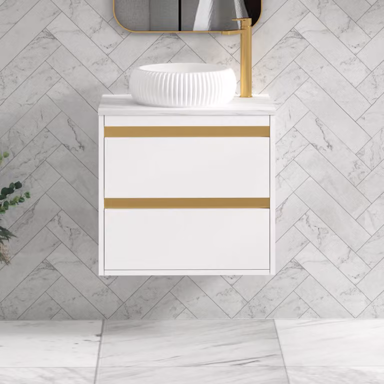Royal Bathrooms Orion 600mm Matt White Wall Hung 2 Drawer Vanity Unit with Milan Basin and Brushed Brass Accent Trim