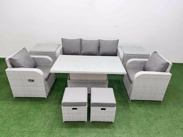 Fimous Grey PE Rattan Garden Furniture Set with 3-Seater Sofa, Reclining Armchairs, Ottoman, Side Tables and Adjustable Table