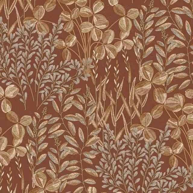 Grandeco Inia Stitched Embroidery Foliage Textured Wallpaper in Gold, Beige and Brown