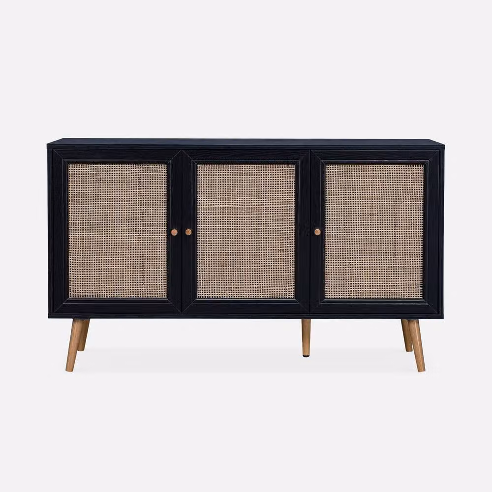 Sweek Black Sideboard Cabinet with Rattan and Glass Details, Width: 120 cm – 2