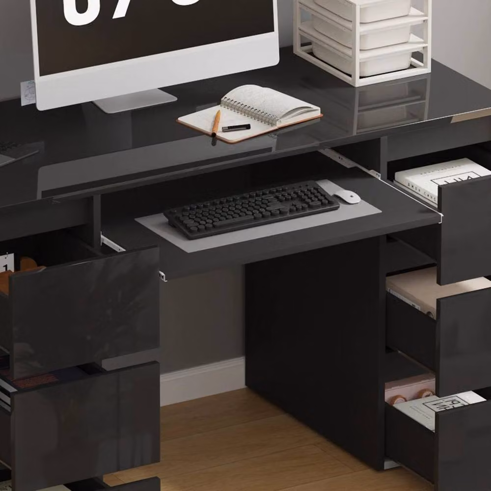 PAWNORA Black Glossy Modern Computer Desk with Dual Pedestals – 4