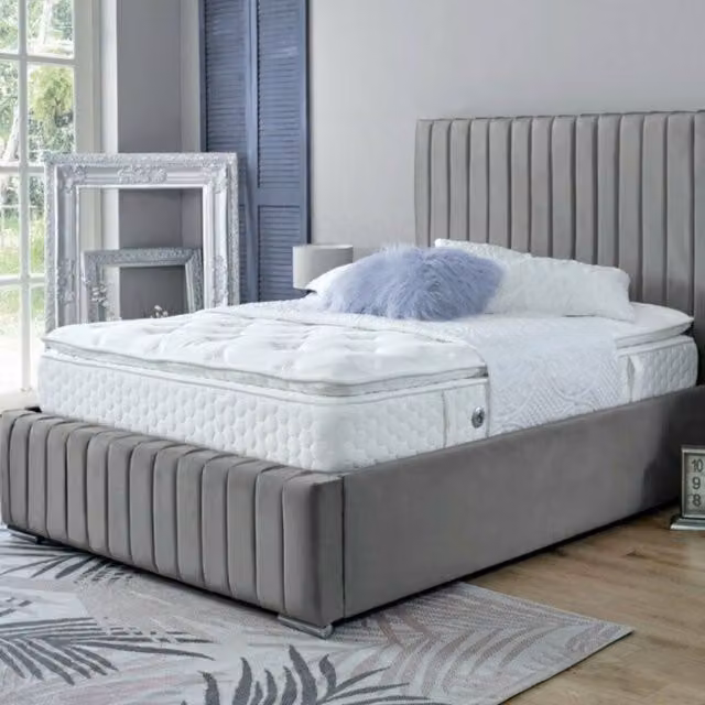 DS Living Savoy Panel Line Design Upholstered Soft Velvet Bed in Grey, W/D/H: 140 x 200 cm