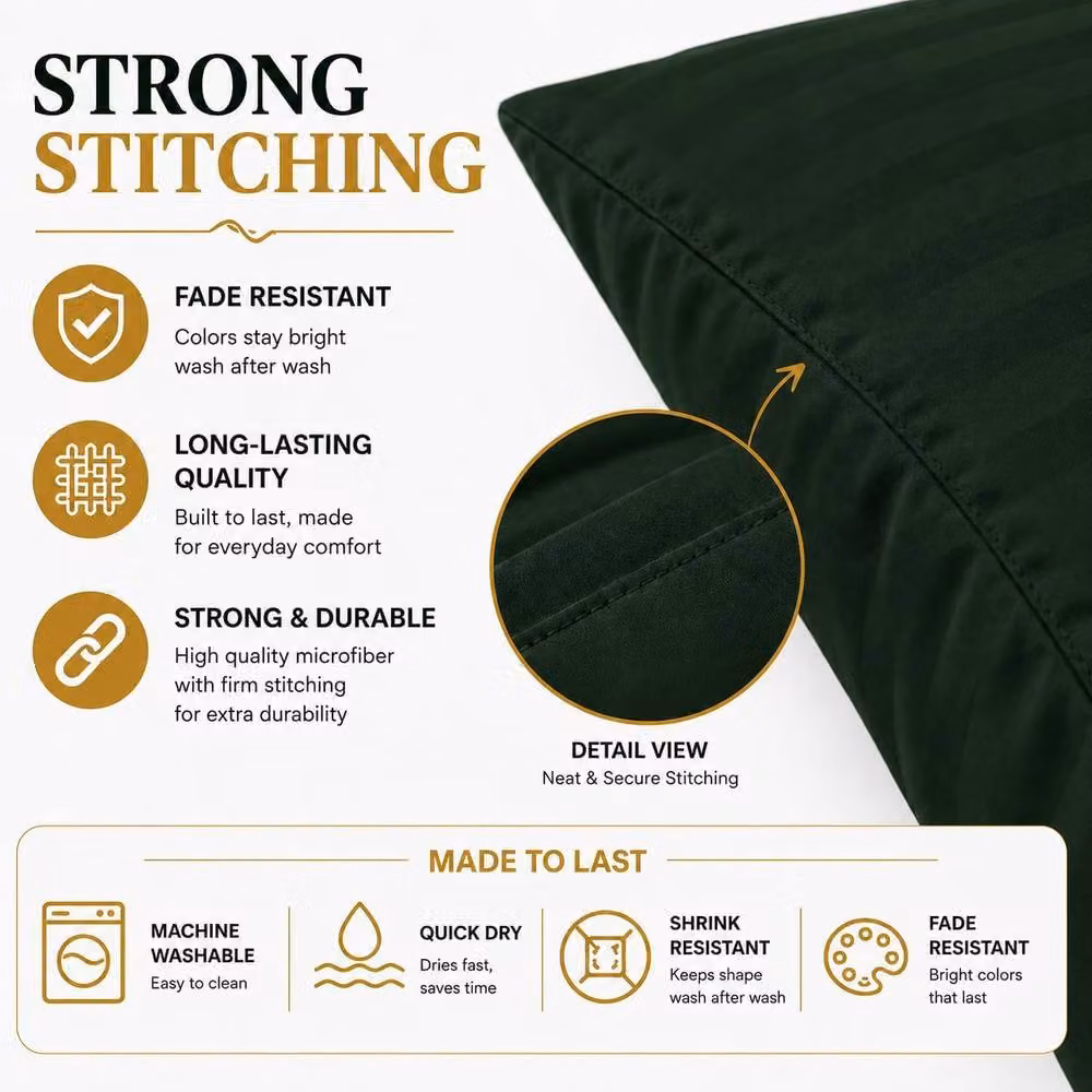 Homes-Linen Set of 2 Microfibre Striped Pillowcases in Green, W/H: 50 x 70 cm – 3