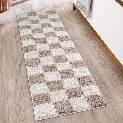 Desire Rugs Chester Modern Checkered Shaggy Area Rug, Beige, W: 60 cm, L: 220 cm – 1