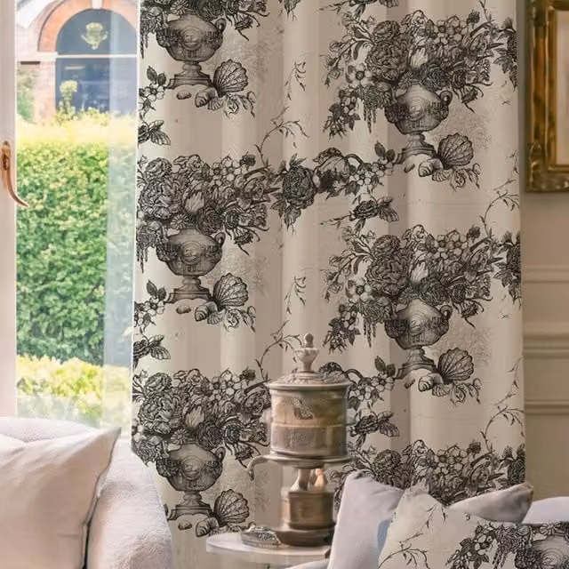 HOUSE Llewelyn-Bowen Vacannes Made To Measure Blackout Cotton Floral Curtains in Ivory Mortar