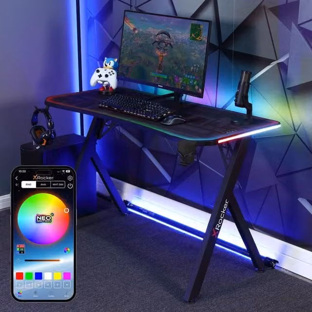 X Rocker Lumio LED Gaming Desk in Black with Mousepad, Cupholder and Headphone Hook – 1