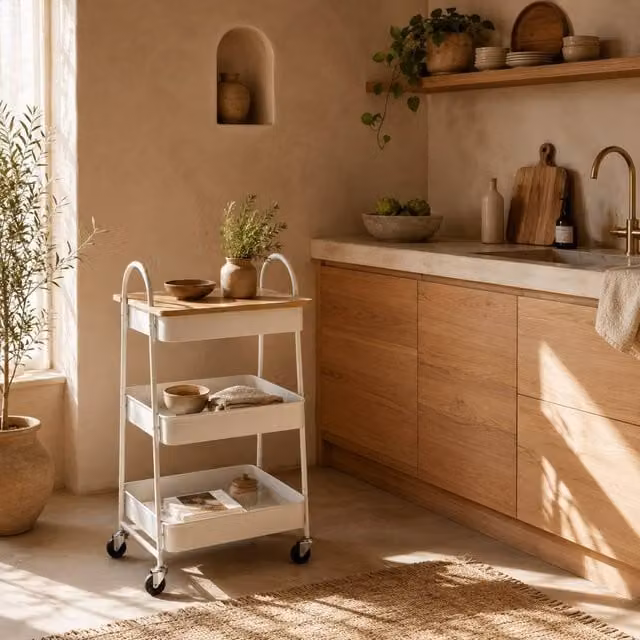 Wyld Haus Satoro 3 Tier Kitchen Trolley in Oak and White, W/D/H: 77.5 x 32 x 32 cm