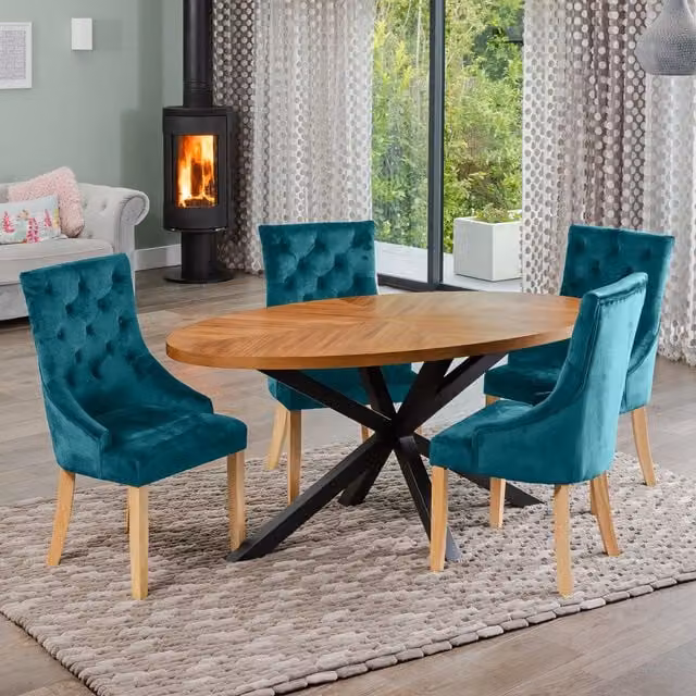 Artemis Home Dosenna Oval Dining Table Set with 4 Ravenna Velvet Chairs in Petrol Blue