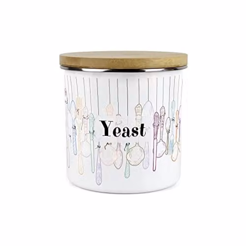 Purely Home Vintage Cutlery and Yeast Storage Canister, White Enamel and Bamboo Kitchen Food Container
