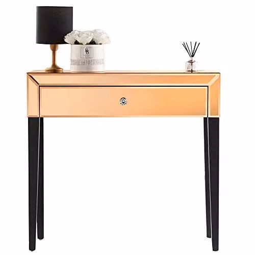 Laguna Rose Gold Mirrored Dressing Table with Glass Design, Drawer and Crystal Handle – 1