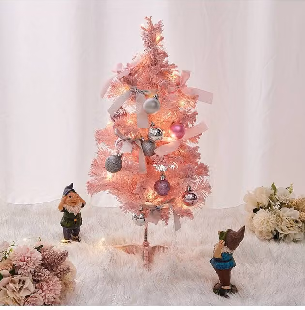 Living and Home Mini Pink Artificial Pine Christmas Tree with Ornaments