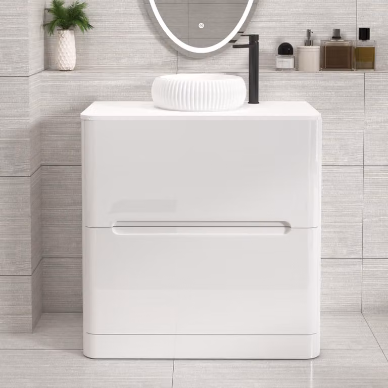 Royal Bathrooms Venice 800mm Gloss White Floor Standing 2 Drawer Vanity Unit with Milan Basin and Plain White Worktop