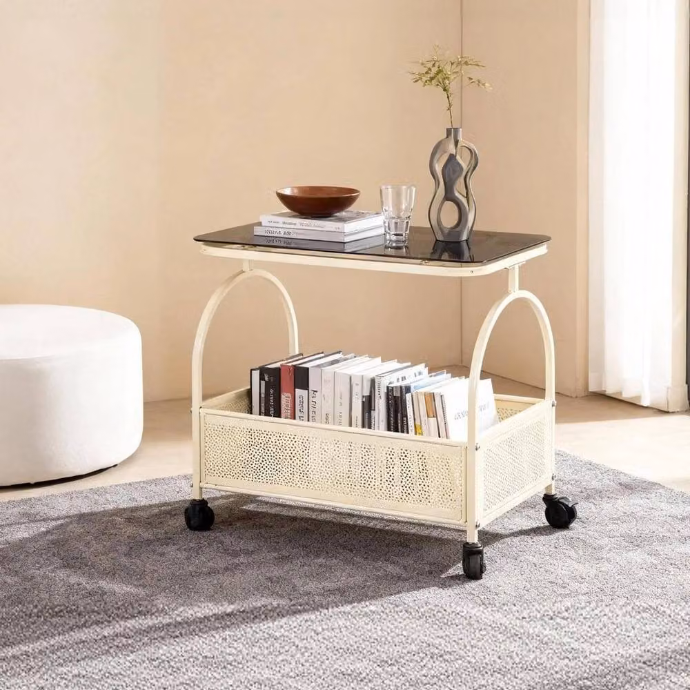 FORGEVIO Movable Side Table with Wheels and Glass Top in Beige – 3