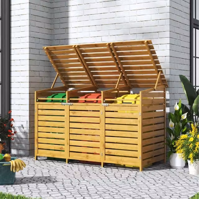 Breeins Rustic Spruce Wood Outdoor Bin Store with Lock in Brown and Yellow