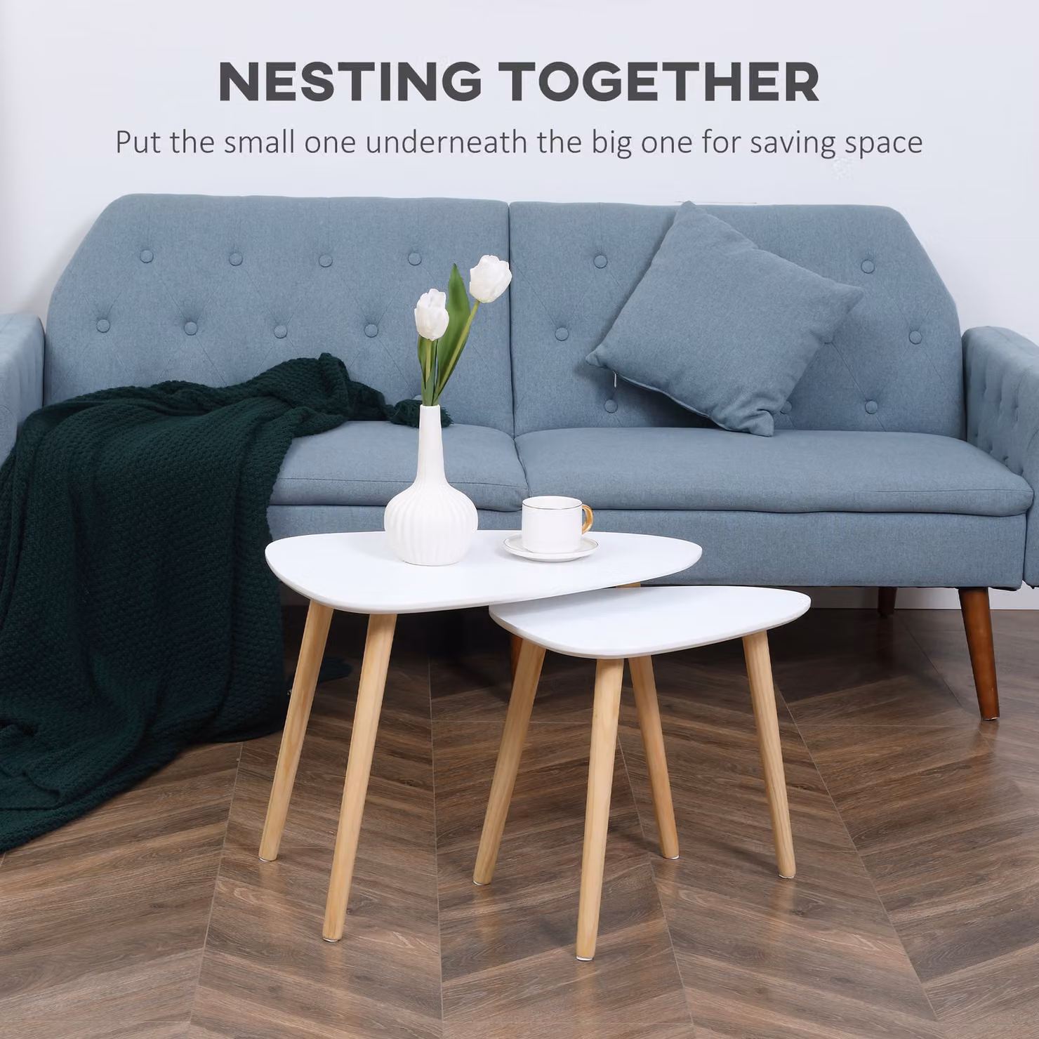 HOMCOM Set of 2 Scandi Style Nesting Side Tables in White and Natural Wood Finish – 3