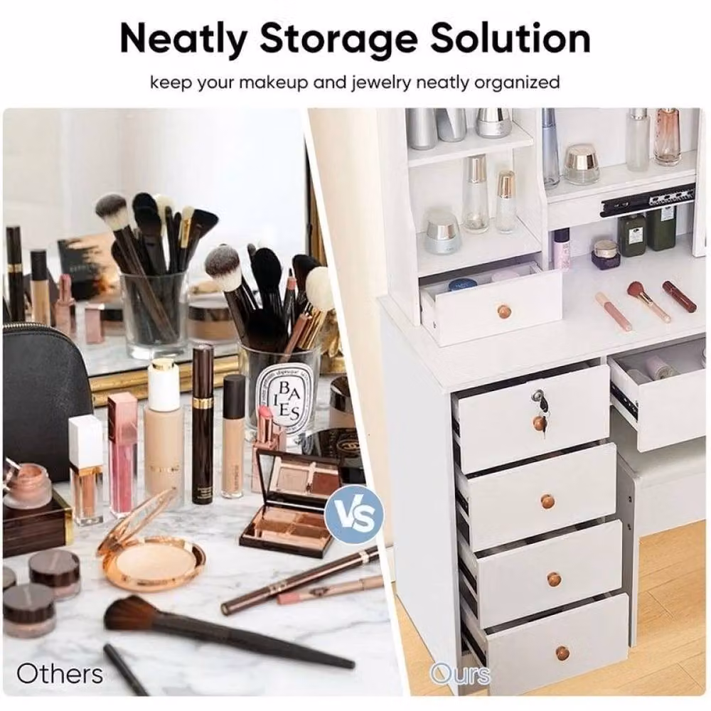 FLAVORA White Glossy Dressing Table with LED Hollywood Mirror, Drawers and Stool, W: 100 cm, D: 15 cm, H: 131 cm – 4