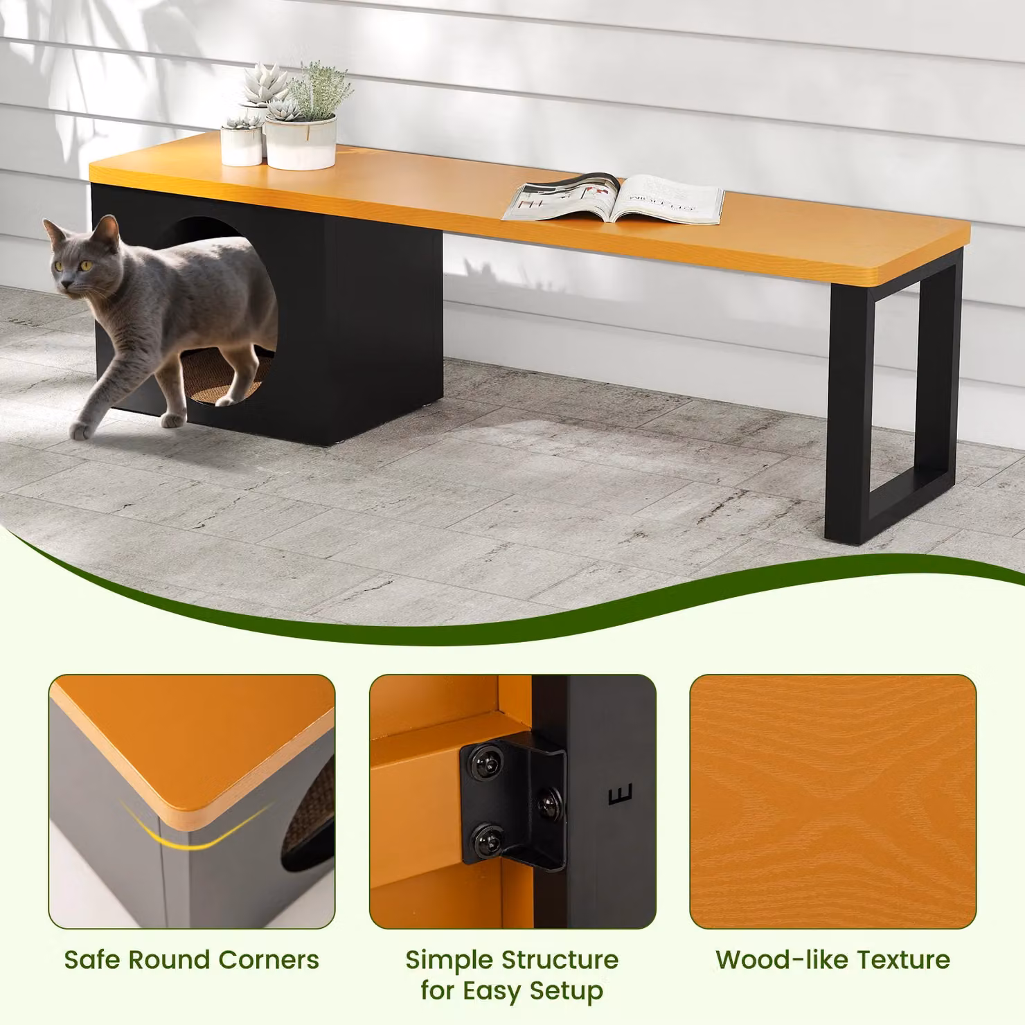 Gymax Brown Metal Outdoor Bench with Cat House for 3 Adults – 7