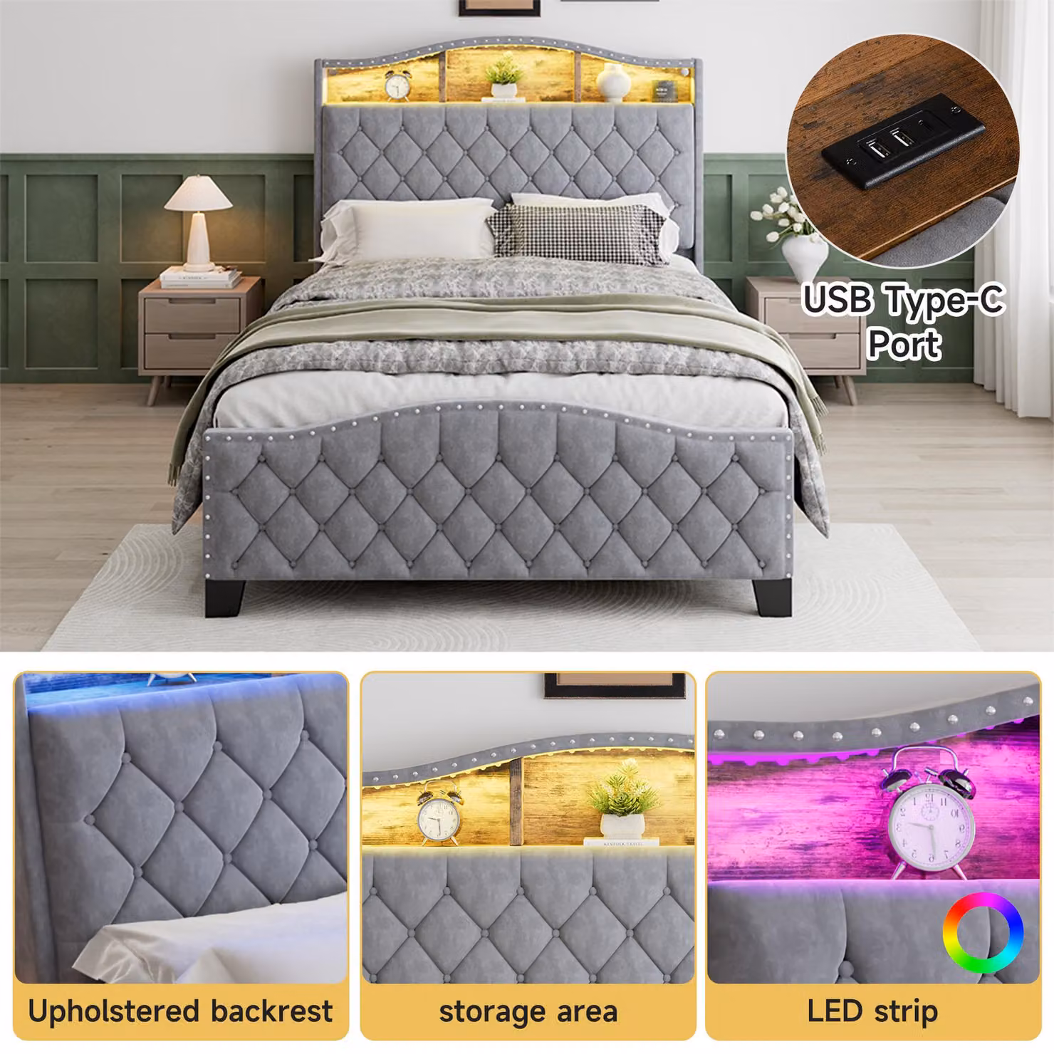 Aosom UK Grey Velvet Upholstered Double Bed with Built-in Bedside Storage and LED Lighting, H 124 x W 140.5 x D 210 cm – 3
