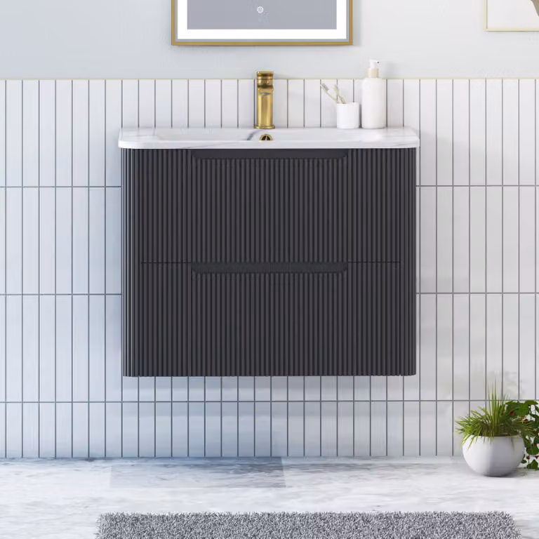 Royal Bathrooms Avenza Wall Hung Vanity Unit with 2 Drawers and Carrara White Basin, Matt Obsidian Black, Width: 70 cm