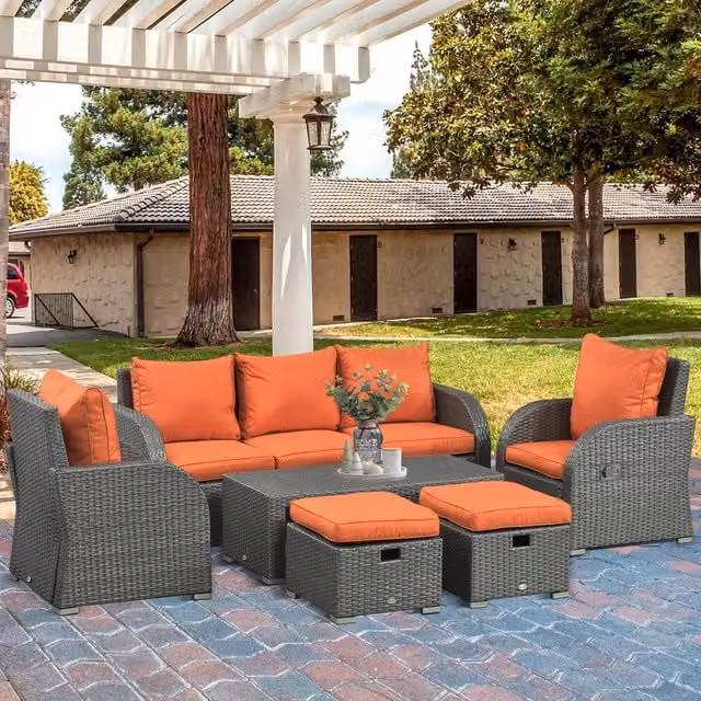 OUTSUNNY Rattan Garden Furniture Set with 3-Seater Sofa, Lounge Armchairs, and Matching Ottomans in Orange – 1
