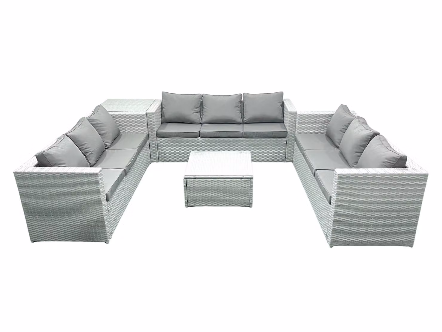 Fimous 9 Seater Rattan Garden Furniture Set in Light Grey with L-Shape Sofa, Coffee Table and Upholstered Cushions – 2